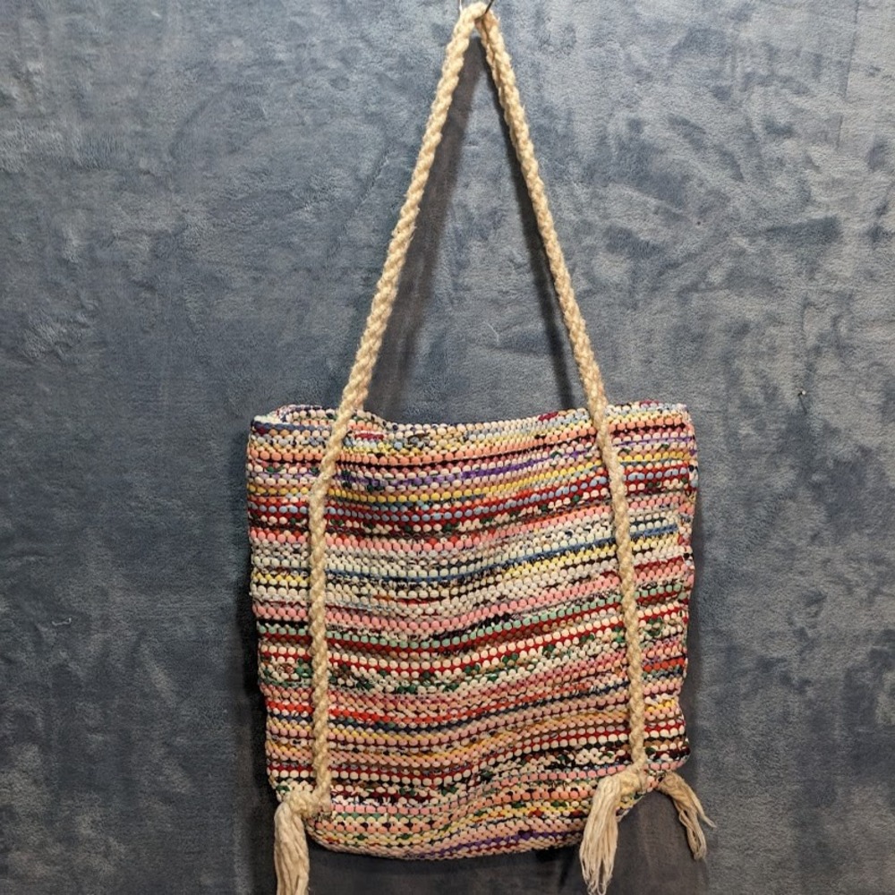 Woven Rag Rug Tote Bag Multi Color Boho Shoulder Bag Braided Handles